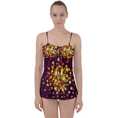 Colorful Confetti Stars Paper Particles Scattering Randomly Dark Background With Explosion Golden St Babydoll Tankini Set by Vaneshart