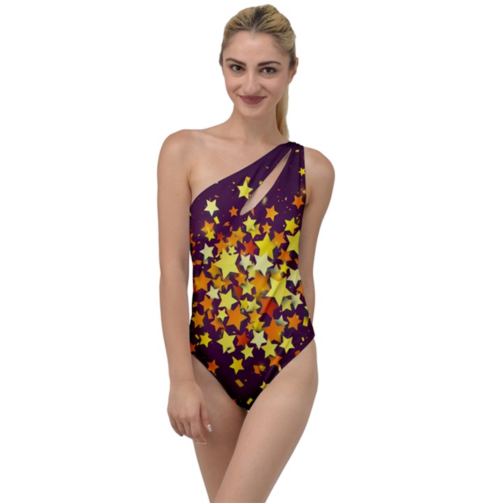 Colorful Confetti Stars Paper Particles Scattering Randomly Dark Background With Explosion Golden St To One Side Swimsuit