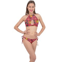 Colorful Funny Christmas Pattern Cross Front Halter Bikini Set