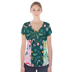 Hand Drawn Christmas Pattern Collection Short Sleeve Front Detail Top by Vaneshart