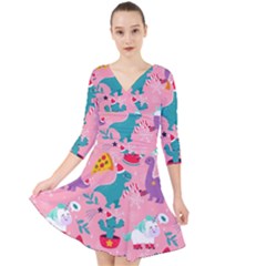 Colorful Funny Christmas Pattern Ho Ho Ho Quarter Sleeve Front Wrap Dress