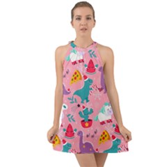 Colorful Funny Christmas Pattern Ho Ho Ho Halter Tie Back Chiffon Dress