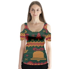 Knitted Christmas Pattern Butterfly Sleeve Cutout Tee 