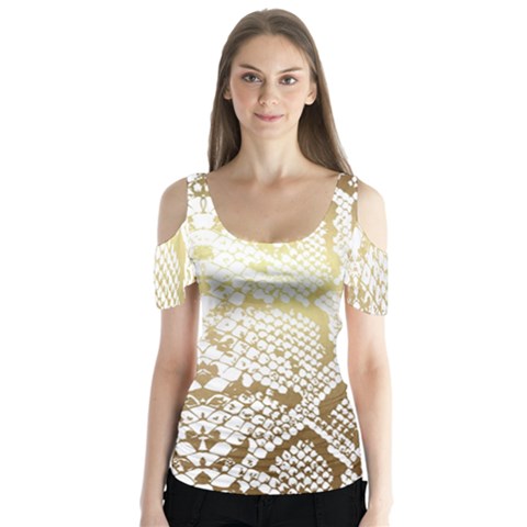 White And Gold Snakeskin Butterfly Sleeve Cutout Tee  by mccallacoulture