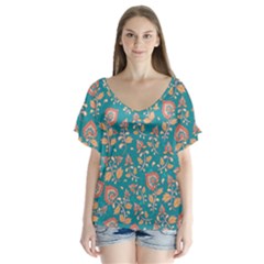 Teal Floral Paisley V-neck Flutter Sleeve Top by mccallacoulture