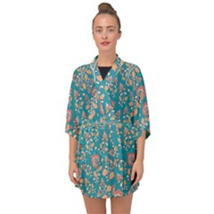 Teal Floral Paisley Half Sleeve Chiffon Kimono