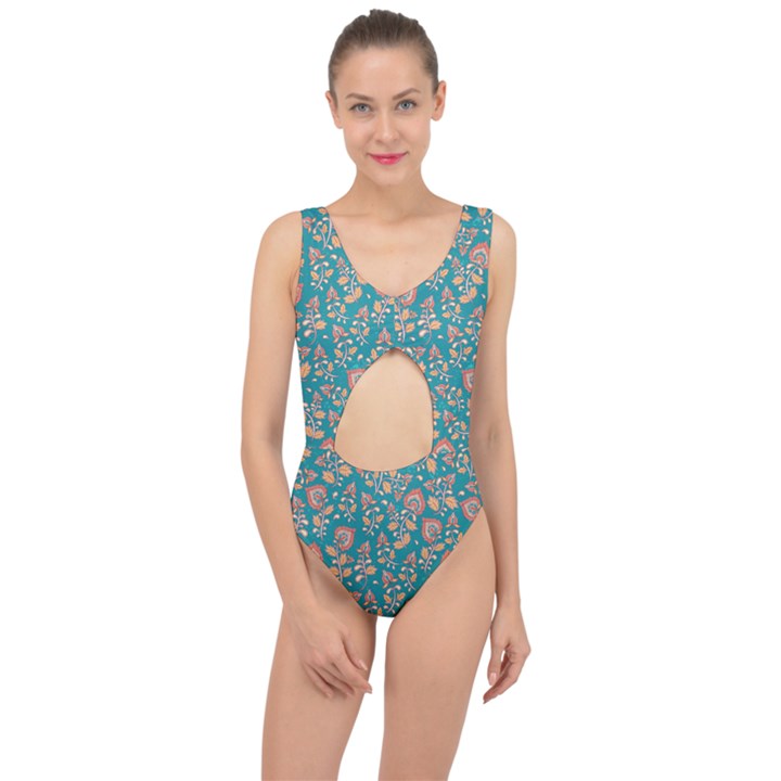 Teal Floral Paisley Center Cut Out Swimsuit