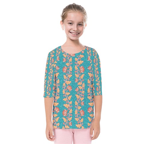 Teal Floral Paisley Stripes Kids  Quarter Sleeve Raglan Tee by mccallacoulture