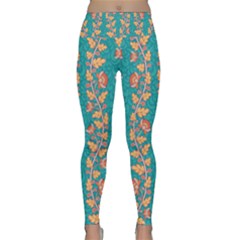 Teal Floral Paisley Stripes Lightweight Velour Classic Yoga Leggings by mccallacoulture