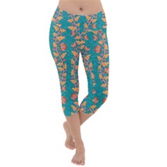 Teal Floral Paisley Stripes Lightweight Velour Capri Yoga Leggings by mccallacoulture