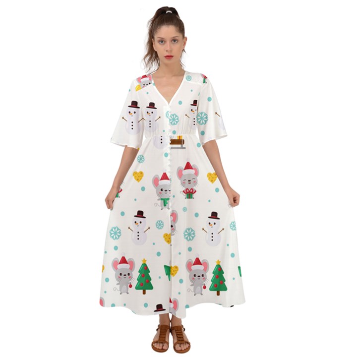 Christmas Seamless Pattern With Cute Kawaii Mouse Kimono Sleeve Boho Dress