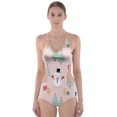 Cute Snowman Christmas Season Seamless Pattern Cut-out One Piece Swimsuit by Vaneshart