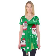 Cute Face Christmas Character Cute Santa Claus Reindeer Snowman Penguin Short Sleeve Tunic 