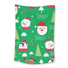 Cute Face Christmas Character Cute Santa Claus Reindeer Snowman Penguin Small Tapestry by Vaneshart