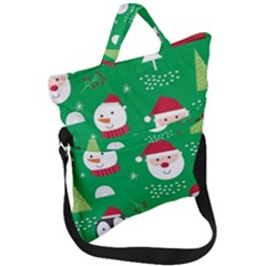 Cute Face Christmas Character Cute Santa Claus Reindeer Snowman Penguin Fold Over Handle Tote Bag by Vaneshart