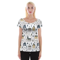 Abstract Seamless Pattern With Cute Houses Trees Road Cap Sleeve Top