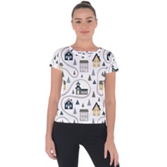 Abstract Seamless Pattern With Cute Houses Trees Road Short Sleeve Sports Top  by Vaneshart