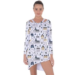 Abstract Seamless Pattern With Cute Houses Trees Road Asymmetric Cut-out Shift Dress by Vaneshart