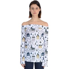 Abstract Seamless Pattern With Cute Houses Trees Road Off Shoulder Long Sleeve Top