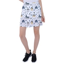 Abstract Seamless Pattern With Cute Houses Trees Road Tennis Skirt