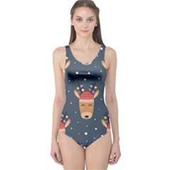 Cute Deer Heads Seamless Pattern Christmas One Piece Swimsuit by Vaneshart