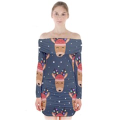 Cute Deer Heads Seamless Pattern Christmas Long Sleeve Off Shoulder Dress by Vaneshart