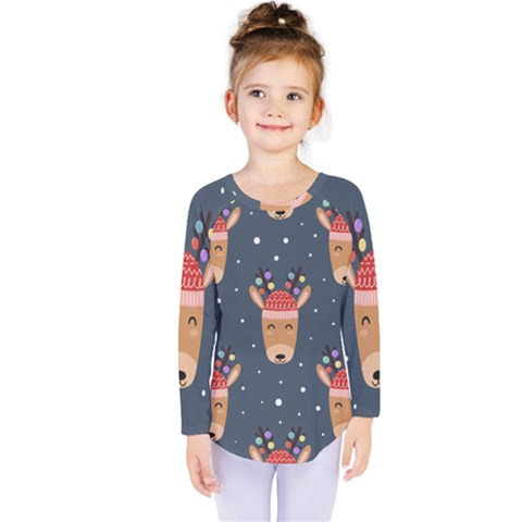 Cute Deer Heads Seamless Pattern Christmas Kids  Long Sleeve Tee by Vaneshart