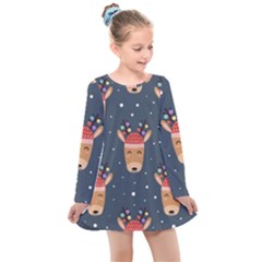 Cute Deer Heads Seamless Pattern Christmas Kids  Long Sleeve Dress by Vaneshart