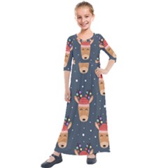 Cute Deer Heads Seamless Pattern Christmas Kids  Quarter Sleeve Maxi Dress