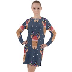 Cute Deer Heads Seamless Pattern Christmas Long Sleeve Hoodie Dress by Vaneshart