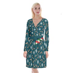 Christmas Seamless Pattern With Candies Snowflakes Long Sleeve Velvet Front Wrap Dress by Vaneshart