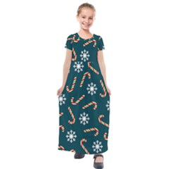 Christmas Seamless Pattern With Candies Snowflakes Kids  Short Sleeve Maxi Dress