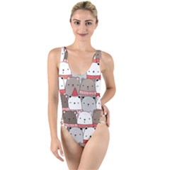 Cute Adorable Bear Merry Christmas Happy New Year Cartoon Doodle Seamless Pattern High Leg Strappy Swimsuit by Vaneshart