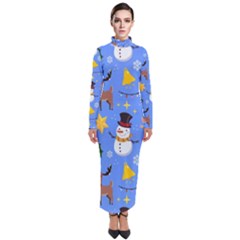 Funny Christmas Pattern With Snowman Reindeer Turtleneck Maxi Dress by Vaneshart