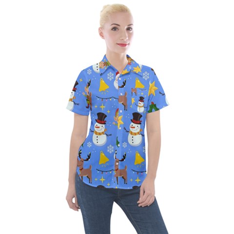 Funny Christmas Pattern With Snowman Reindeer Women s Short Sleeve Pocket Shirt by Vaneshart