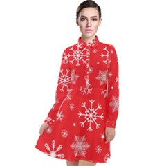 Christmas Seamless With Snowflakes Snowflake Pattern Red Background Winter Long Sleeve Chiffon Shirt Dress by Vaneshart