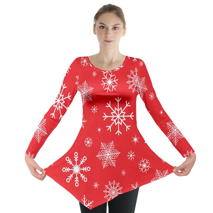 Christmas Seamless With Snowflakes Snowflake Pattern Red Background Winter Long Sleeve Tunic 