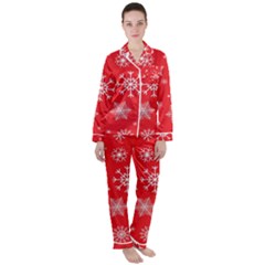 Christmas Seamless With Snowflakes Snowflake Pattern Red Background Winter Satin Long Sleeve Pyjamas Set by Vaneshart