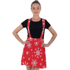 Christmas Seamless With Snowflakes Snowflake Pattern Red Background Winter Velvet Suspender Skater Skirt by Vaneshart