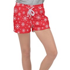 Christmas Seamless With Snowflakes Snowflake Pattern Red Background Winter Women s Velour Lounge Shorts by Vaneshart