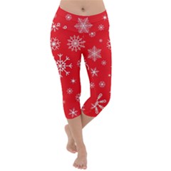 Christmas Seamless With Snowflakes Snowflake Pattern Red Background Winter Lightweight Velour Capri Yoga Leggings by Vaneshart