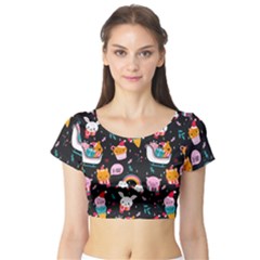 Colorful Funny Christmas Pattern Merry Xmas Short Sleeve Crop Top