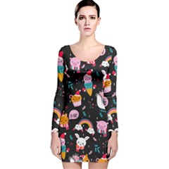 Colorful Funny Christmas Pattern Merry Xmas Long Sleeve Velvet Bodycon Dress