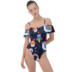 Colorful Funny Christmas Pattern Merry Xmas Frill Detail One Piece Swimsuit by Vaneshart
