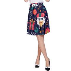 Colorful Funny Christmas Pattern Cute Cartoon A-line Skirt by Vaneshart