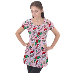 Colorful Funny Christmas Pattern Santa Claus Puff Sleeve Tunic Top by Vaneshart