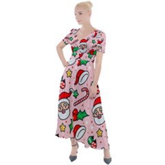 Colorful Funny Christmas Pattern Santa Claus Button Up Short Sleeve Maxi Dress by Vaneshart