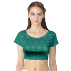 Beautiful Knitted Christmas Pattern Green Short Sleeve Crop Top