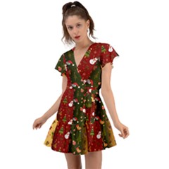 Hand Drawn Christmas Pattern Collection Flutter Sleeve Wrap Dress