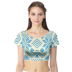 Beautiful Knitted Christmas Pattern Blue White Short Sleeve Crop Top